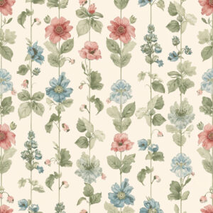 Vintage Botanical Wildflower Seamless Pattern with Soft Blue and Coral Blooms