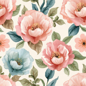 Elegant Peach Peony Seamless Floral Pattern with Soft Blue Botanical Blooms
