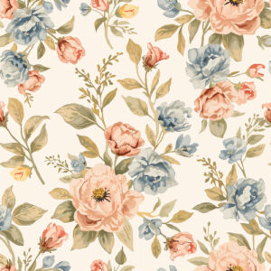 Vintage Peach and Blue Garden Floral Seamless Pattern with Botanical Leaves