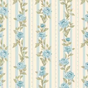 Elegant Blue Rose Stripe Seamless Pattern with Vintage Botanical Vines