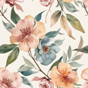 Elegant Peach and Teal Botanical Floral Seamless Pattern with Vintage Blossoms