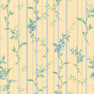 Vintage Blue Floral Vine Seamless Pattern with Soft Yellow Stripes