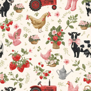 Charming Farm Life Seamless Pattern with Strawberries, Chickens, and Rustic Elements