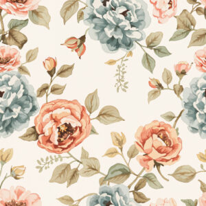 Vintage Peach and Teal Rose Seamless Floral Pattern with Botanical Leaves