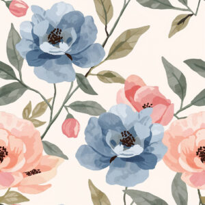 Elegant Peach and Blue Peony Seamless Floral Pattern with Botanical Leaves