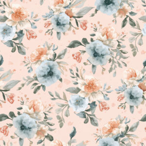 Soft Peach and Blue Watercolor Floral Seamless Pattern with Garden Blossoms
