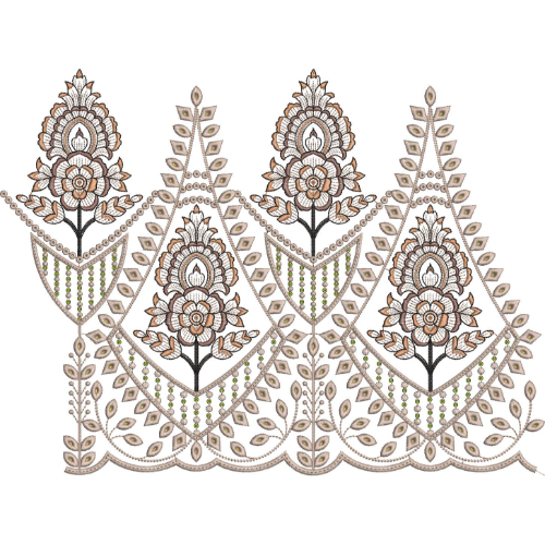 Elegant Layered Floral Motif Scalloped Lace Embroidery Border Design