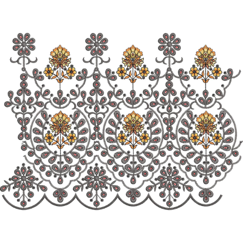 Ornate Floral Medallion Scroll Scalloped Lace Embroidery Border Design
