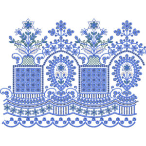 Elegant Floral Vase Medallion Scalloped Lace Embroidery Border Design