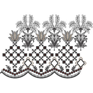 Classic Floral Bouquet Geometric Scalloped Lace Embroidery Border Design