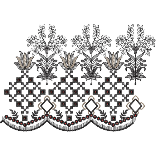 Classic Floral Bouquet Geometric Scalloped Lace Embroidery Border Design