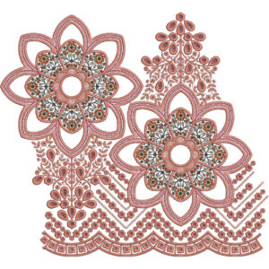 Ornamental Floral Lace Embroidery Design with Double Rosette Motifs and Decorative Border