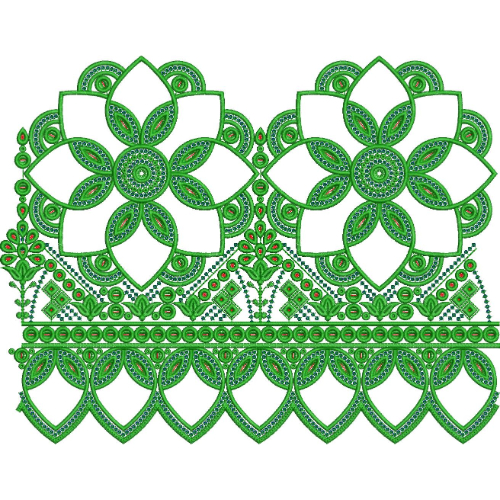 Large Floral Lace Embroidery Design with Decorative Leaf Border and Scalloped Lace Edge