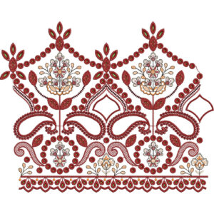 Ornamental Floral Lace Embroidery Design with Paisley Motifs and Decorative Scalloped Border