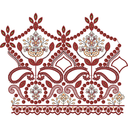 Ornamental Floral Lace Embroidery Design with Paisley Motifs and Decorative Scalloped Border