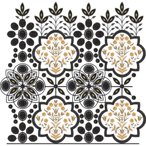 Ornamental Floral Lace Embroidery Design with Decorative Medallions and Botanical Motifs
