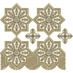 Geometric Floral Lace Embroidery Design with Eight-Point Star Motifs and Scalloped Border