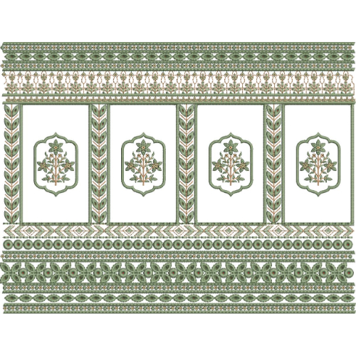 Ornamental Panel Lace Embroidery Design with Floral Medallions and Decorative Borders