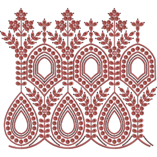 Paisley Floral Lace Embroidery Design with Beaded Motifs and Decorative Vine Pattern