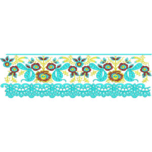 Colorful Floral Lace Embroidery Border with Paisley Motifs and Decorative Loop Edge