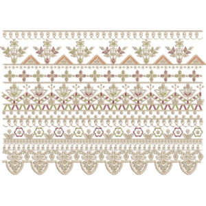 Ornate Multi-Layer Floral Lace Embroidery Border with Scalloped Edge and Geometric Bands