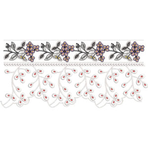 Floral Lace Embroidery Border with Delicate Vine Motifs and Scalloped Leaf Edge