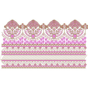 Ornamental Floral Lace Embroidery Border with Fan Motifs and Decorative Geometric Bands