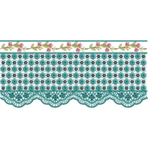 Floral Lace Embroidery Border with Rose Vine, Geometric Panel, and Scalloped Lace Edge