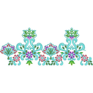 Ornamental Floral Lace Embroidery Border with Scroll Motifs and Decorative Blossoms