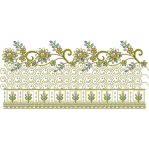 Floral Vine Lace Embroidery Border with Geometric Hexagon Pattern and Decorative Bands