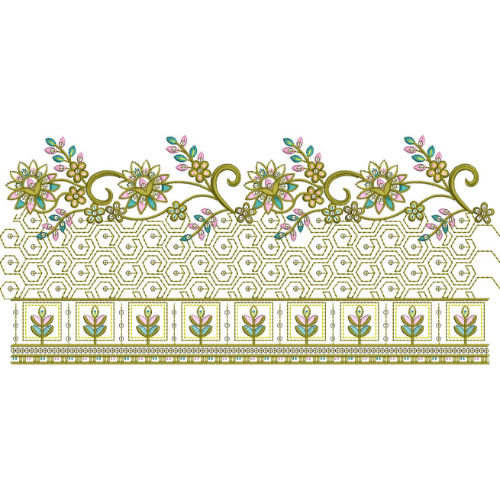 Floral Vine Lace Embroidery Border with Geometric Hexagon Pattern and Decorative Bands