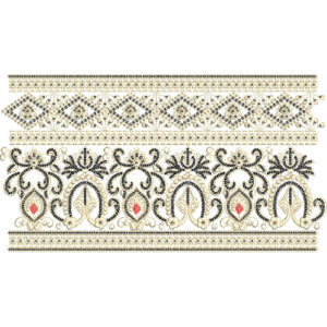 Ornamental Floral Lace Embroidery Border with Paisley Motifs and Geometric Diamond Band