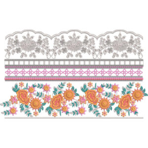 Multi-Section Floral Lace Embroidery Border with Scalloped Edge and Decorative Bands