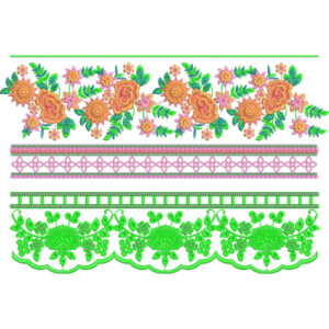 Multi-Layer Floral Lace Embroidery Border with Scalloped Lace Edge and Decorative Bands
