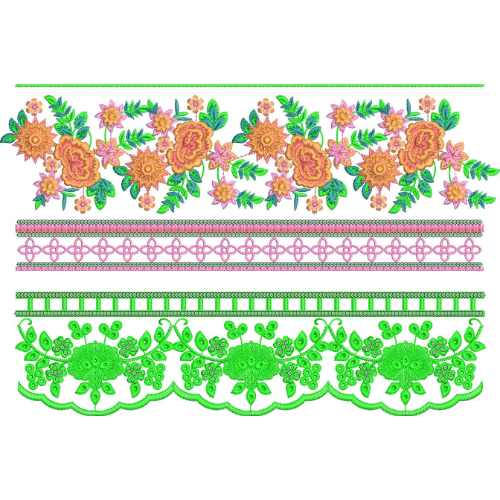 Multi-Layer Floral Lace Embroidery Border with Scalloped Lace Edge and Decorative Bands