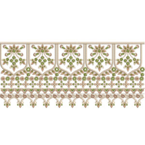 Ornamental Floral Lace Embroidery Border with Shield Motifs and Decorative Hanging Edge