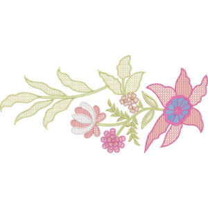 Elegant Floral Lace Embroidery Motif with Flowing Leaves and Decorative Blossoms