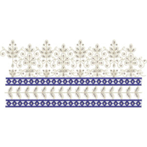 Ornamental Floral Lace Embroidery Border with Scroll Motifs and Decorative Geometric Bands