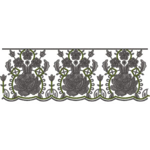 Rose Floral Lace Embroidery Border with Scalloped Edge and Ornamental Vine Detailing