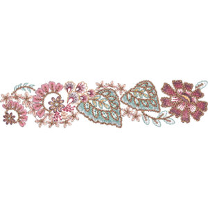 Vibrant Floral Lace Embroidery Border with Detailed Leaf Fill and Ornamental Thread Highlights