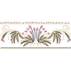 Symmetrical Ornamental Lace Border Embroidery with Stylized Leaf Sprays and Decorative Dot Detailing