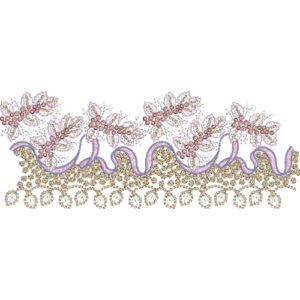 Elegant Floral Lace Border Embroidery with Flowing Wave Ribbon and Decorative Drop Motifs