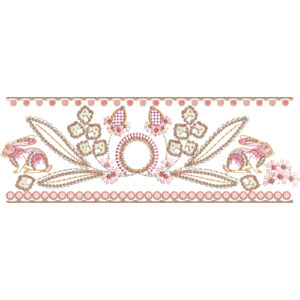 Ornamental Floral Lace Border Embroidery with Central Medallion and Symmetrical Leaf Composition