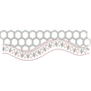 Geometric Honeycomb Lace Border Embroidery with Wavy Floral Band and Decorative Detailing