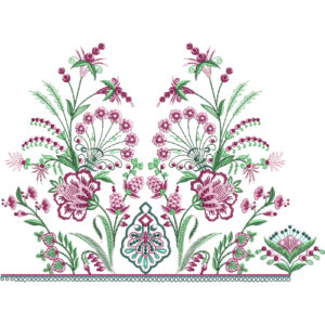 Symmetrical Floral Lace Embroidery Design with Central Motif and Elegant Botanical Detailing