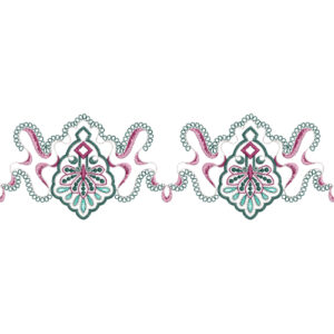 Ornamental Lace Border Embroidery with Central Motif and Flowing Ribbon Detailing