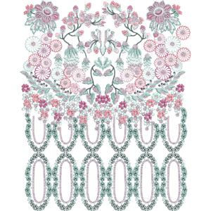 Intricate Floral Lace Panel Embroidery with Symmetrical Arrangement and Decorative Loop Borders