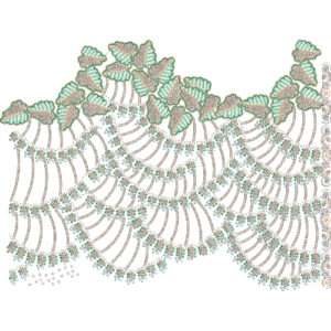 Layered Fan-Style Lace Border Embroidery with Floral Accents and Hanging Thread Detailing