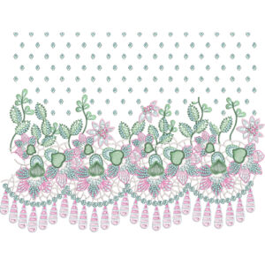 Intricate Floral Lace Border Embroidery with Hanging Teardrop Elements and Scattered Dot Accents