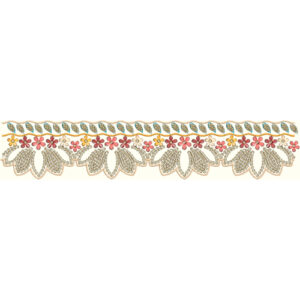 Floral Lace Border Embroidery with Layered Petal Motifs and Decorative Leaf Band